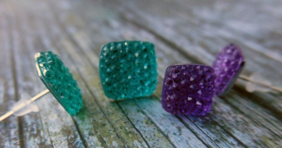 Preview: Quadrat Ohrstecker Glitzer blau lila Set